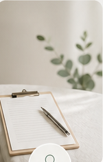 Clinic consultation notes on a refined neutral desk